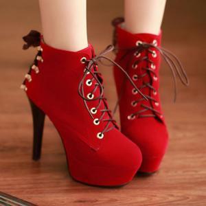Red Suede High Heels Lace Up Ankle Boots on Luulla
