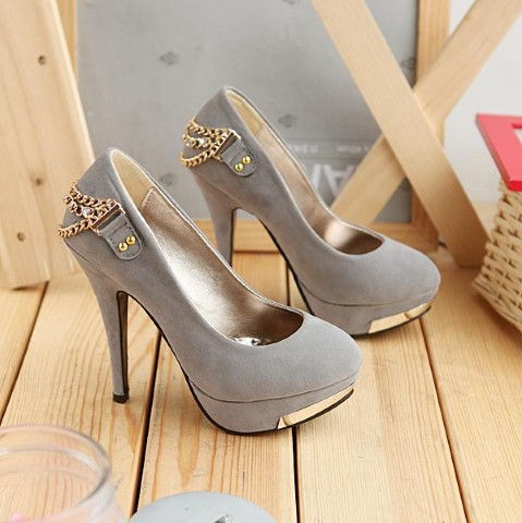 Sexy Gold Chain Embellished Grey High Heel Platform Pumps on Luulla