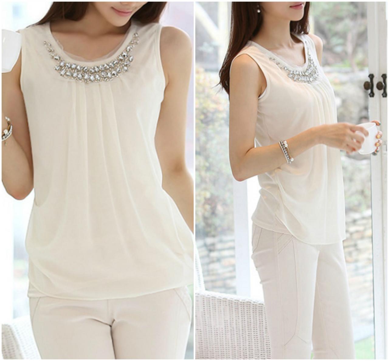 Beaded Round Neck White Chiffon Top On Luulla