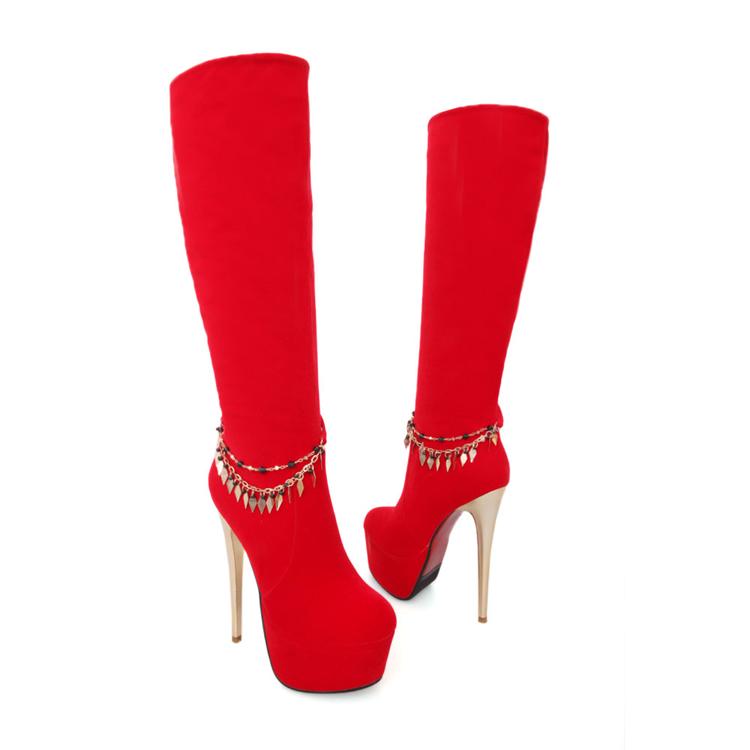 Sexy Red Mid Calf High Heel Platform Boots on Luulla