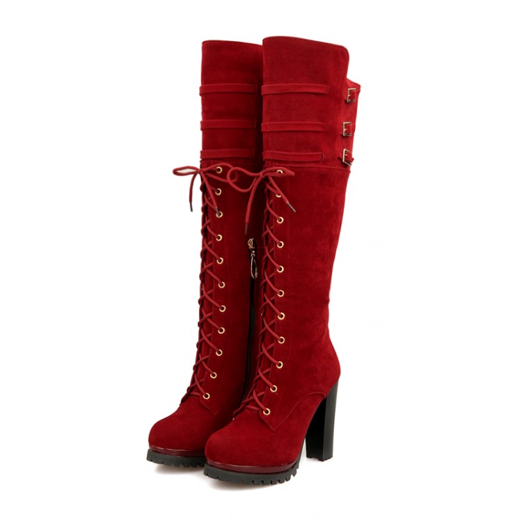 red lace up knee high heels