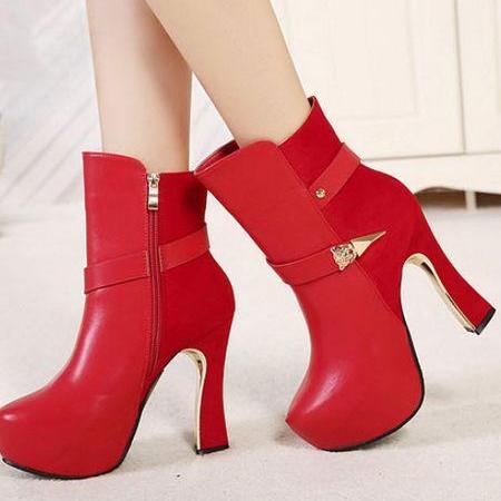 black heel boots with red laces