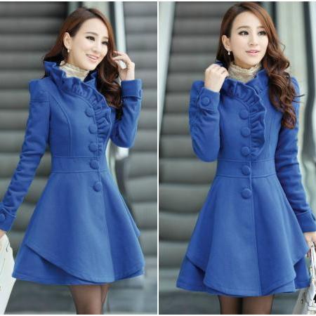 Fashion New Style O Neck Long Sleeve Single Breasted Blue Wool Coat on