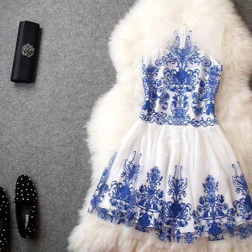 Cherry Blossoms Print Blue Pleated Dress On Luulla