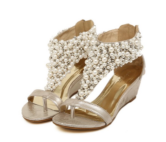 Beautiful Metallic Pearl Beaded Bohemian Style Wedge Sandals on Luulla