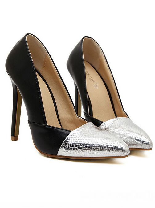 Stylish Black And Silver Pointed Toe High Heel Shoes On Luulla