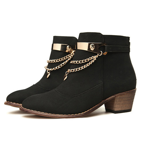 Chunky Heel Black Gold Chain Design Ankle Boots on Luulla